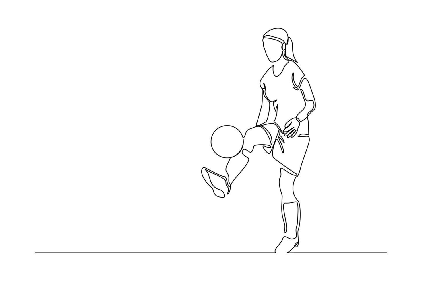 Continuous line drawing of football player kicking ball. Single one line art of young woman soccer player dribbling and juggling ball. Vector illustration