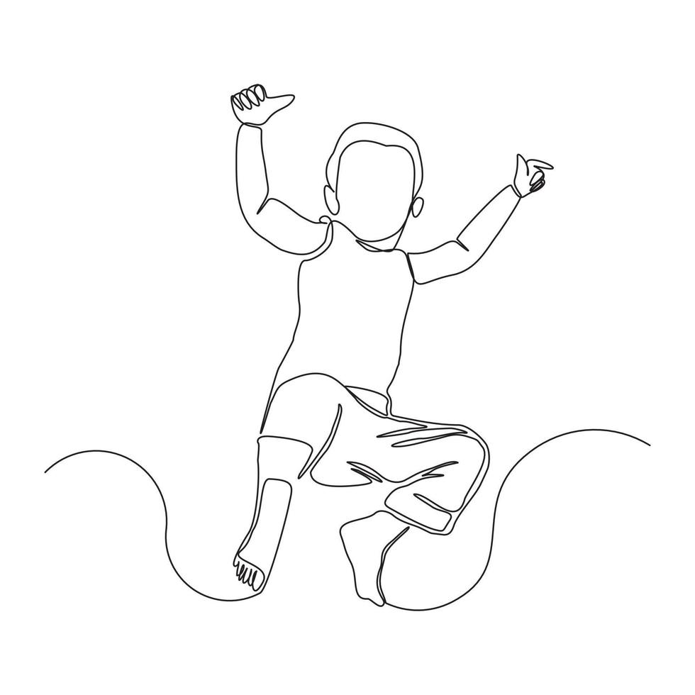 Continuous line drawing of happy man boy children dancing and jumping. Single one line childhood vector illustration