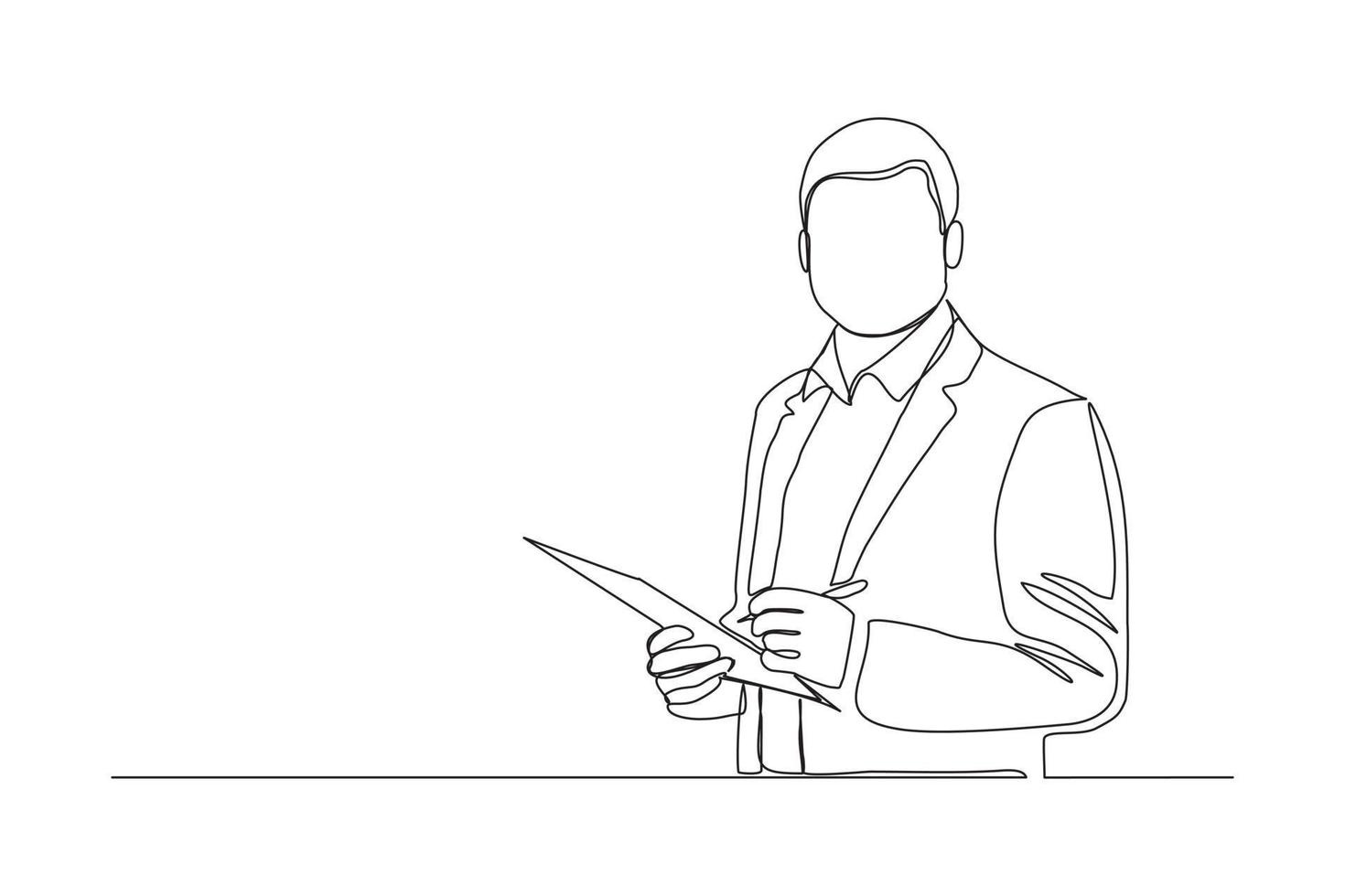 Continuous line drawing of young happy male worker standing while write business note from mentor on paper at clipboard. One single line businessman workshop concept. vector illustration