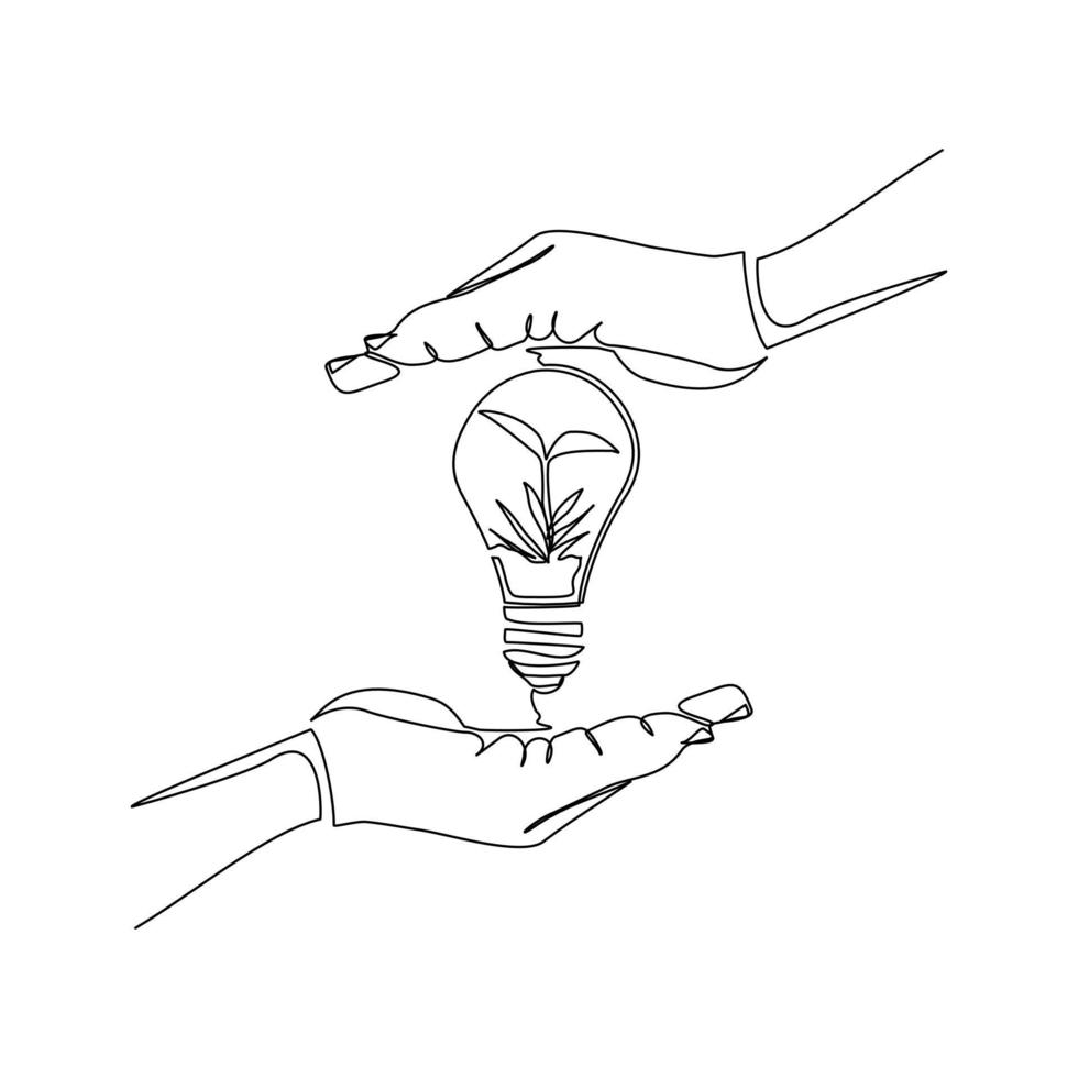 Continuous line drawing of green plant tree in light bulb and two palm hands. Creative green earth nature saving single one line art. Vector illustration