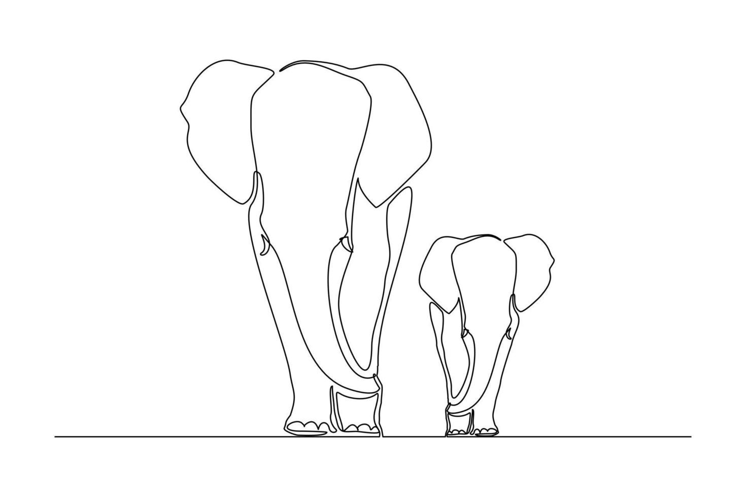 Continuous line of baby elephant and mom. Single one line art parent elephant and kids vector illustration
