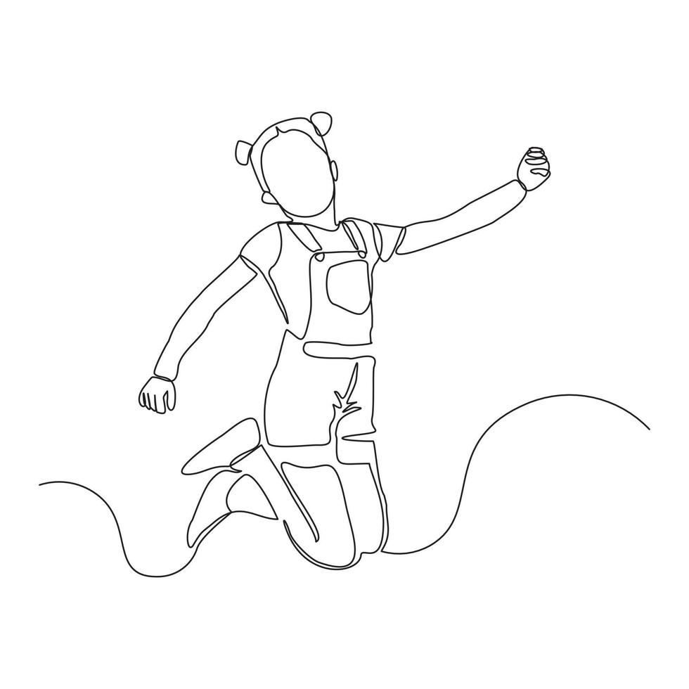 Continuous line drawing of happy woman girl children dancing and jumping. Single one line childhood vector illustration