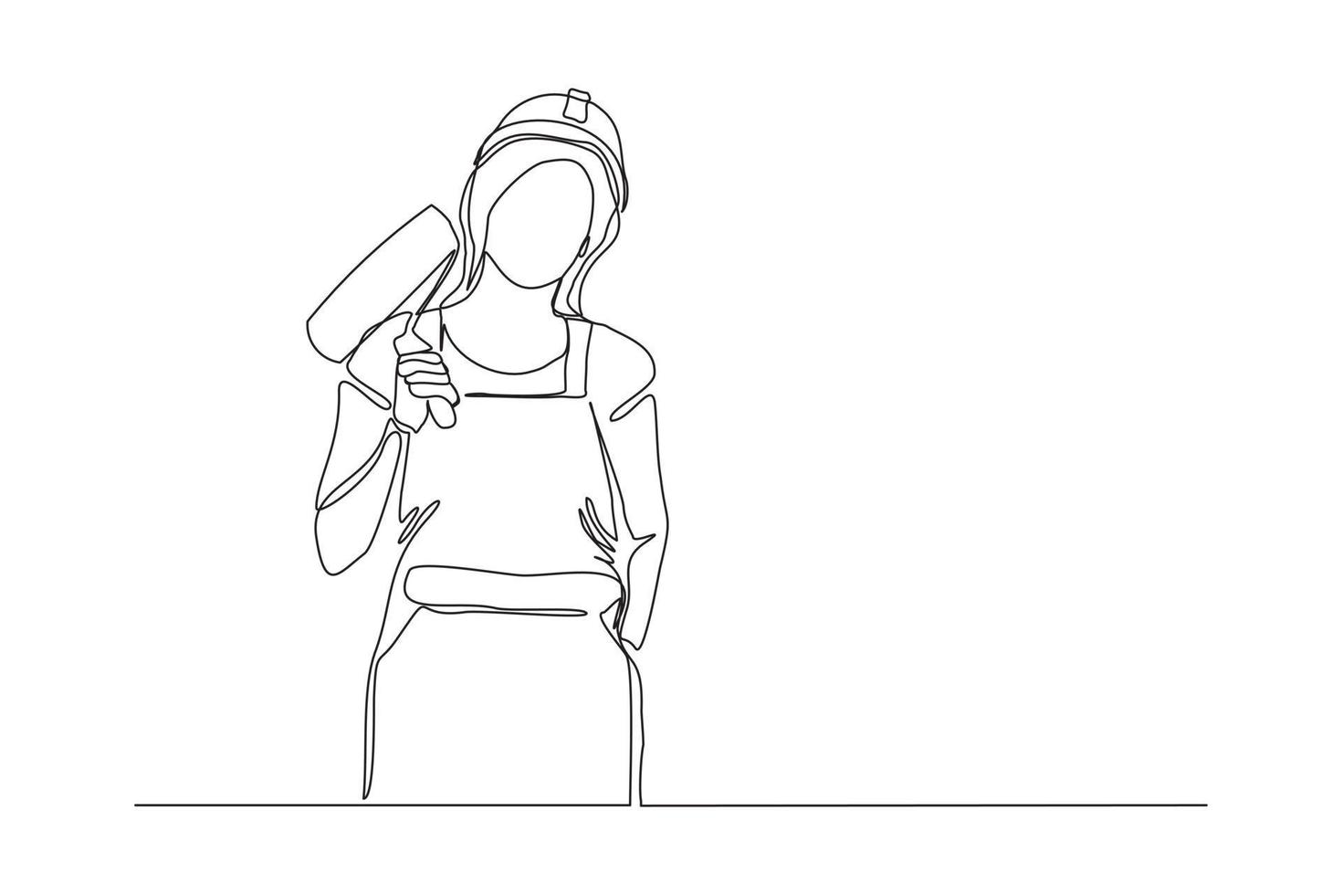 Continuous line drawing of young handy woman wearing building construction uniform while holding paint roller. One single line painter wall renovation service concept. vector design illustration