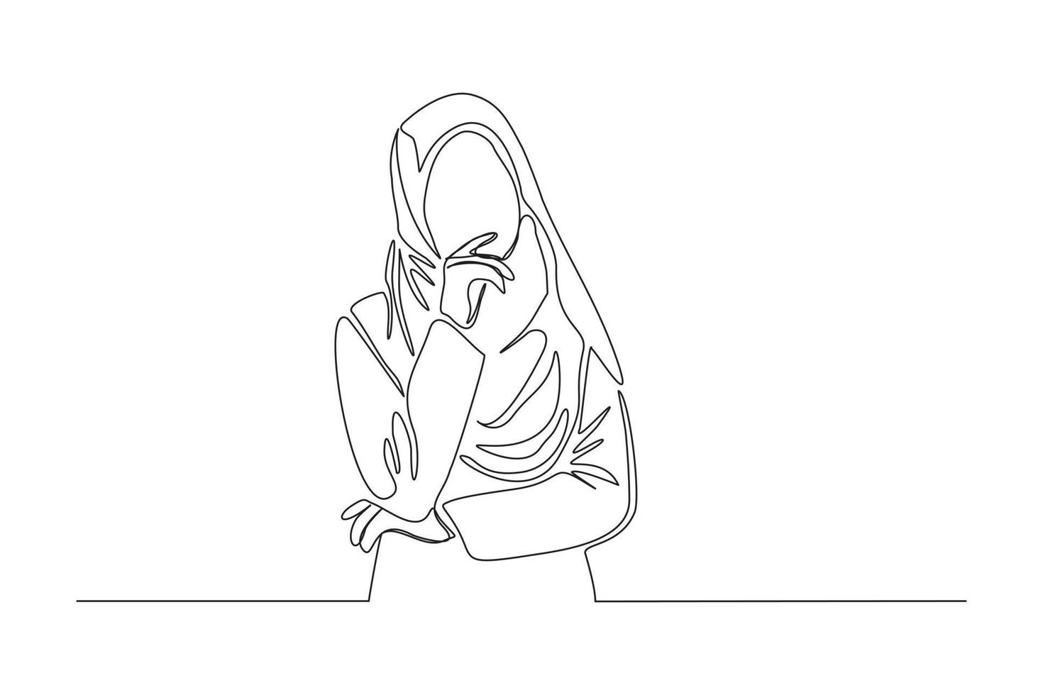 Continuous line drawing of Islamic arabic pensive female in hijab scarf standing looking away against. Single one line drawing of standing middle east muslim woman thinking. Vector illustration