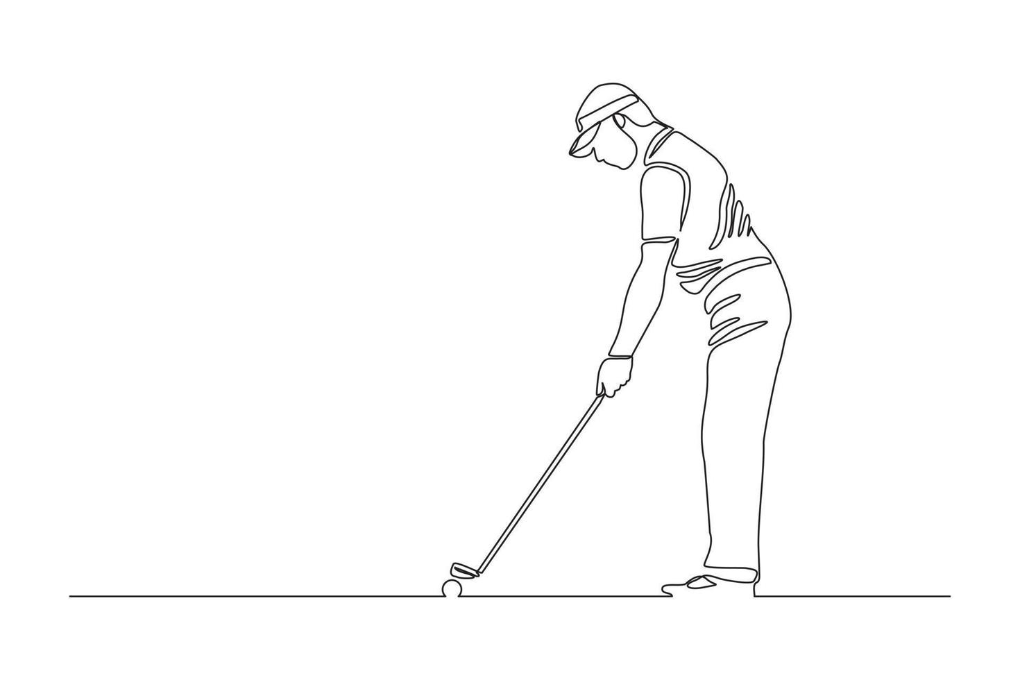 Continuous line drawing of young man playing golf. Single one line art concept of professional golfer holding stick to hit ball. Vector illustration