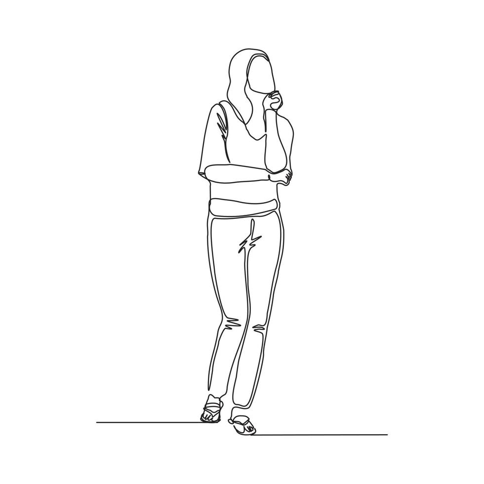 Continuous line drawing of beautiful pensive female standing looking ...