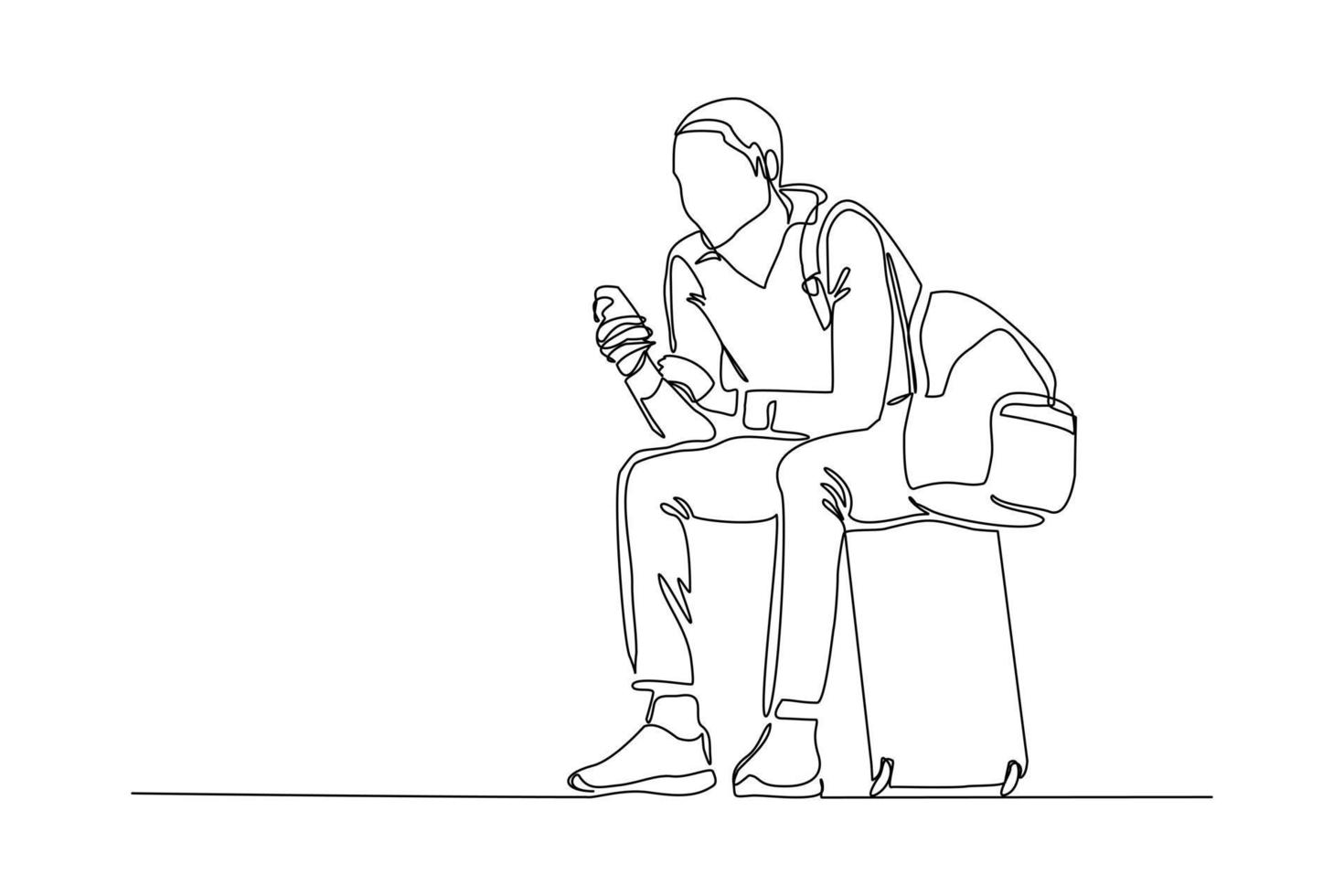 dibujo de línea continua del hombre viajero sentado con equipaje. concepto de arte de una sola línea de turista caminando con maleta. ilustración vectorial vector