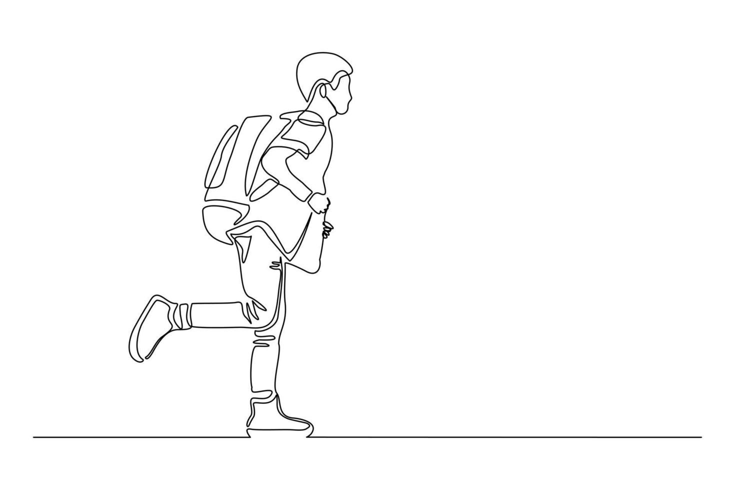 Continuous line drawing of little boy man walking on the street. Concept of student person with bag go to school. Vector illustration