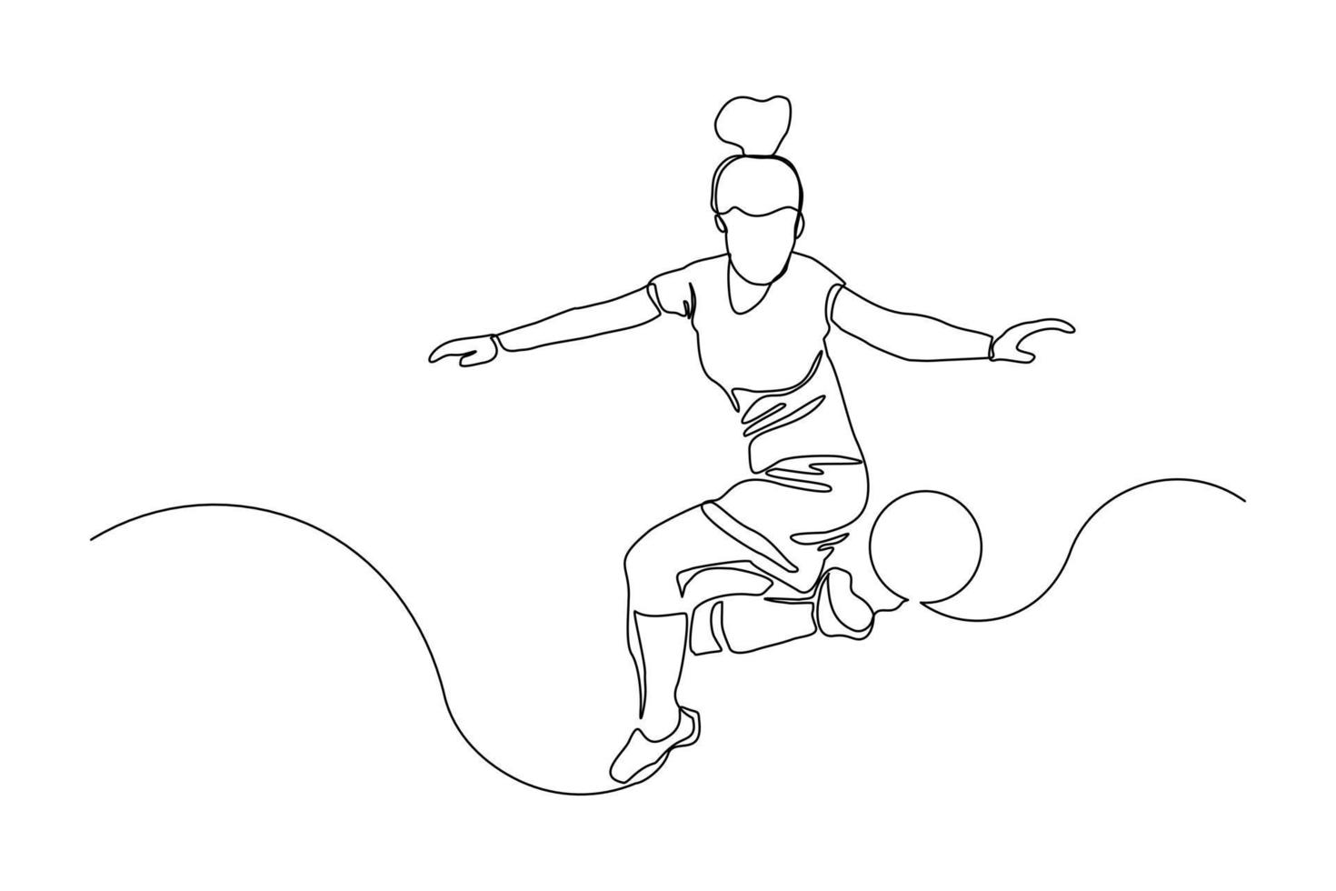 Continuous line drawing of football player kicking ball. Single one line art of young woman soccer player dribbling and juggling ball. Vector illustration