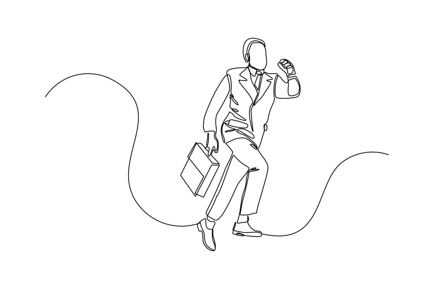 Continuous line drawing of happy young business man holding briefcase. Single one line art of office worker. Vector illustration