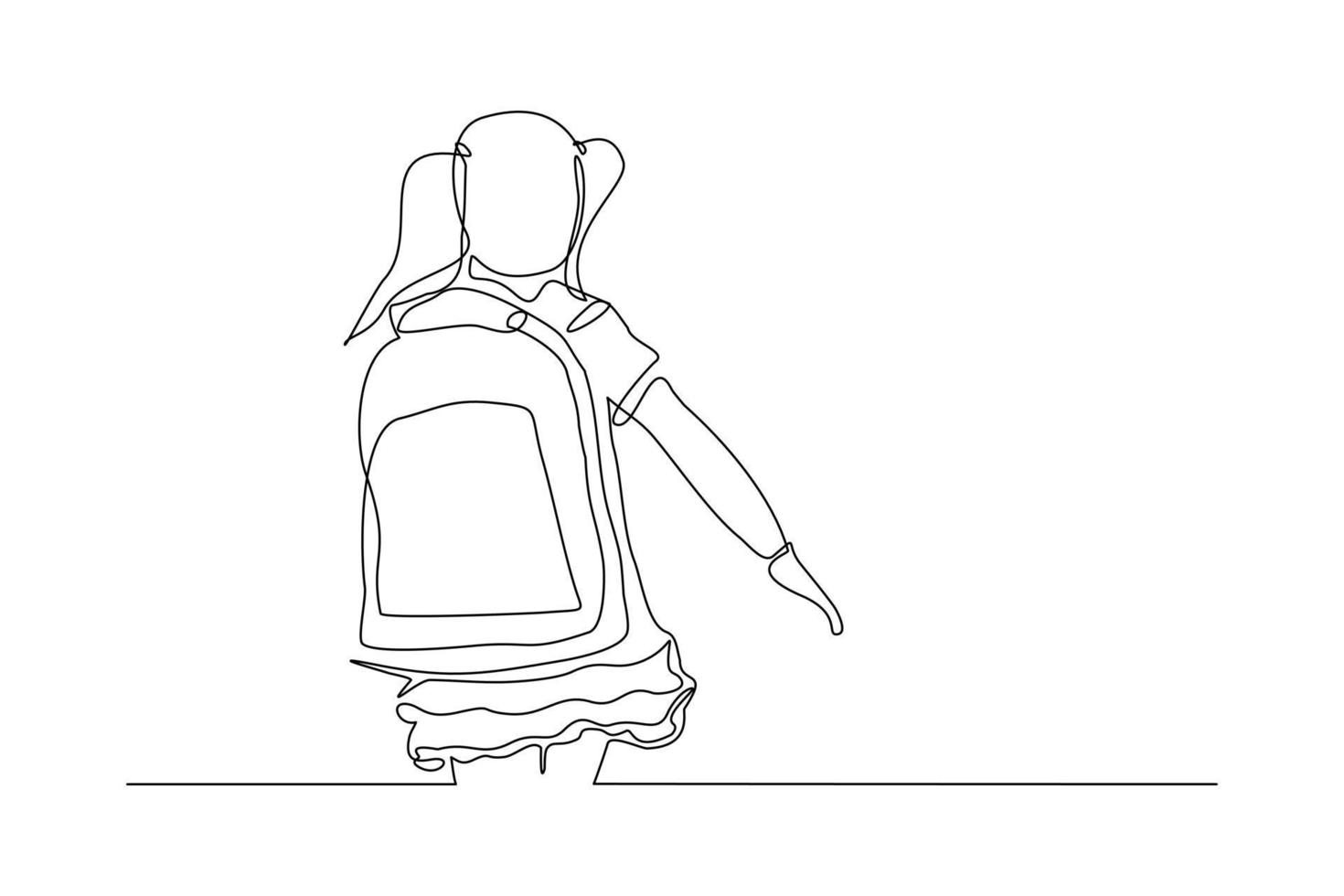 Continuous line drawing of little girl woman walking on the street. Concept of student person with bag go to school. Vector illustration