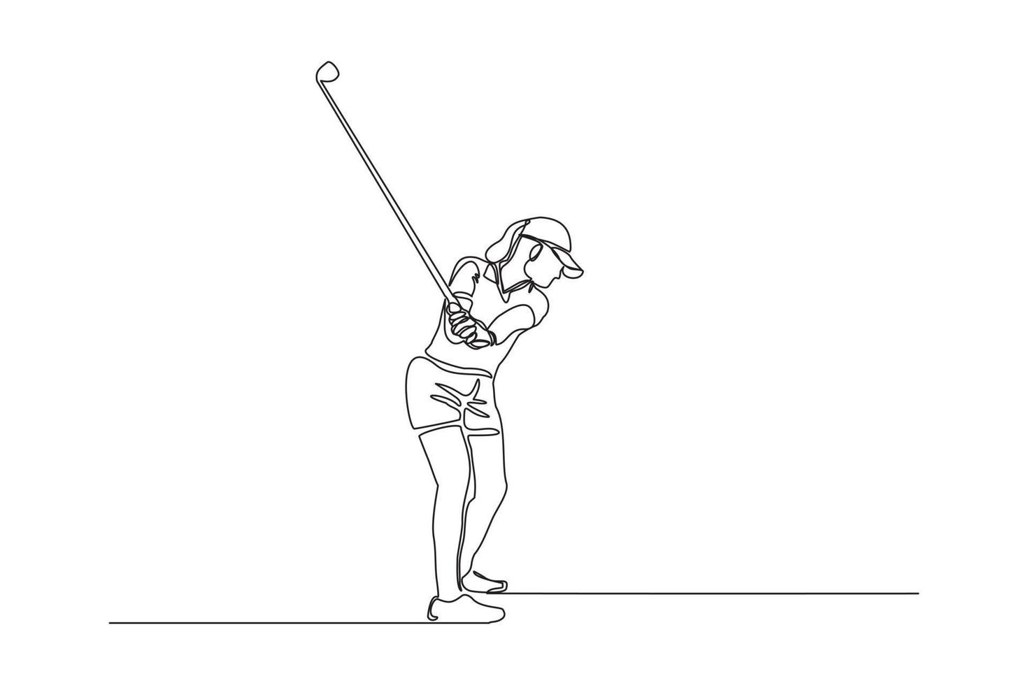 Continuous line drawing of young woman playing golf. Single one line art concept of professional golfer holding stick to hit ball. Vector illustration