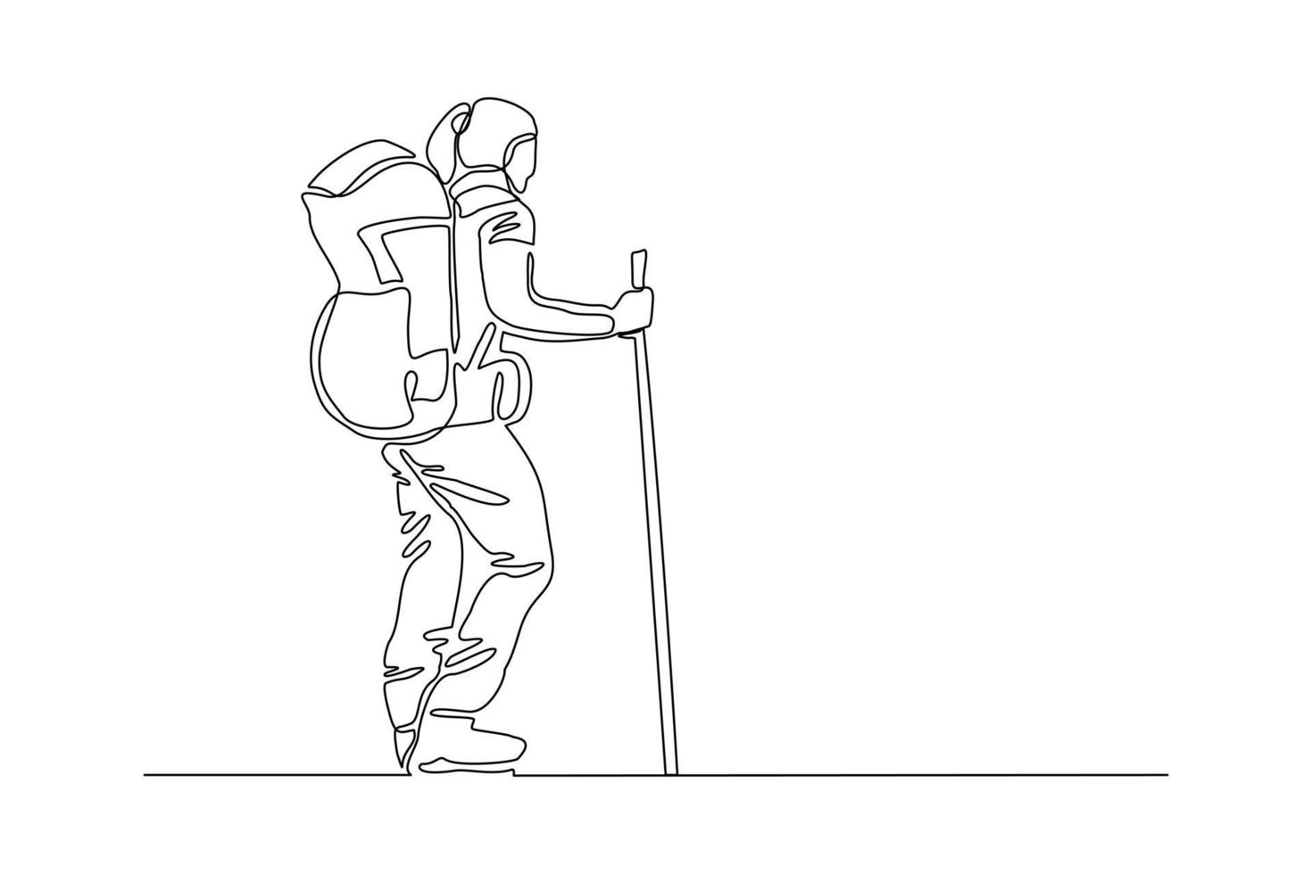 Continuous one line drawing of traveling people with backpack. Single one line art of woman success to hiking on top of mountain. Vector illustration