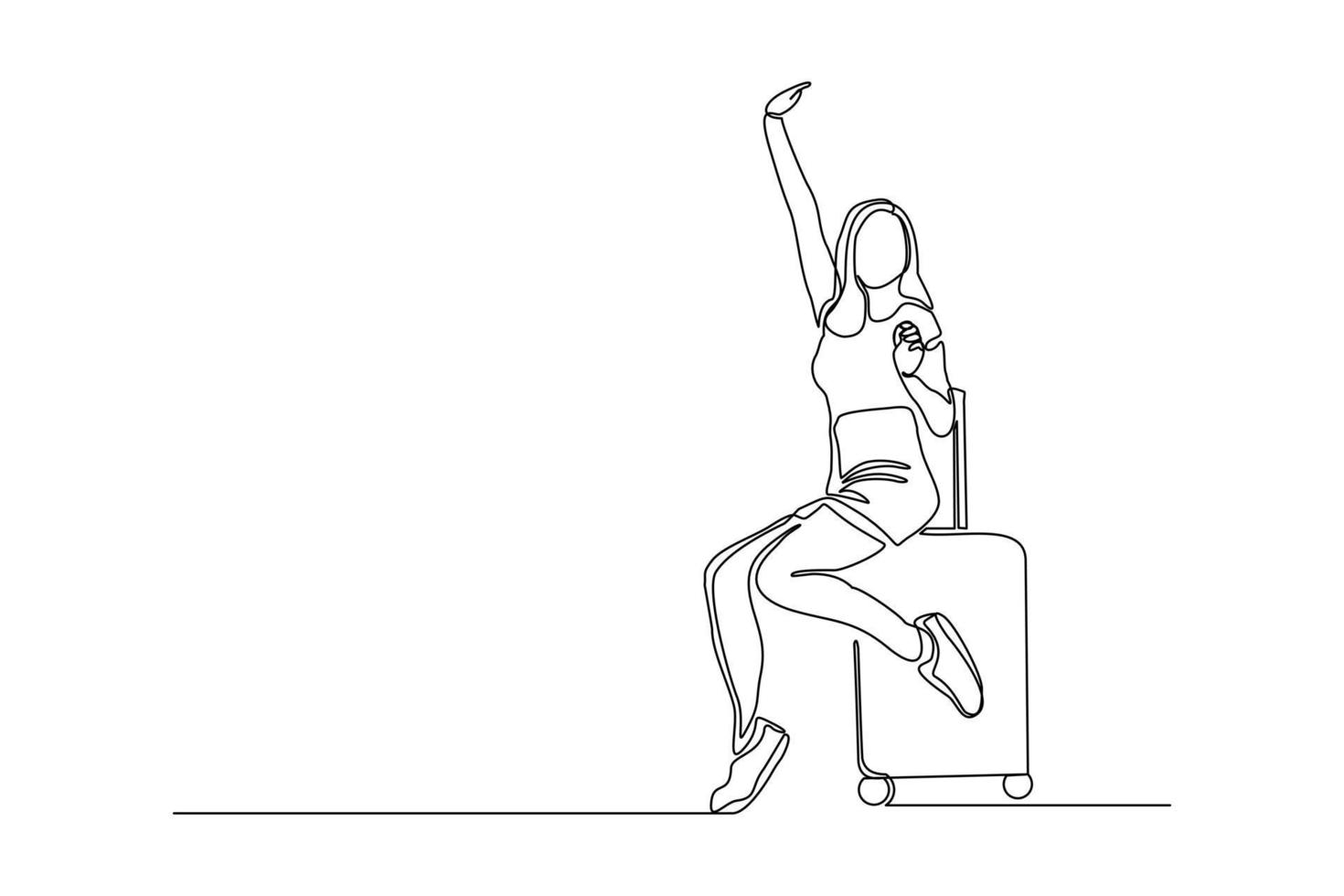 Continuous line drawing of traveler woman sitting with luggage. Single one line art concept of tourist walking with suitcase. Vector illustration