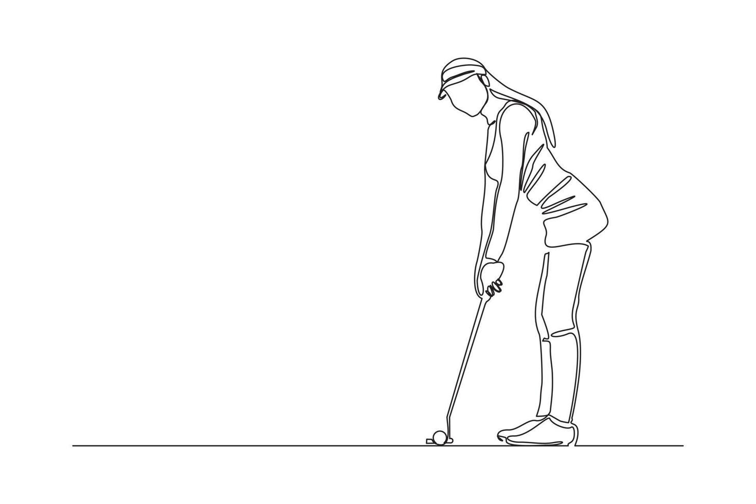 Continuous line drawing of young woman playing golf. Single one line art concept of professional golfer holding stick to hit ball. Vector illustration