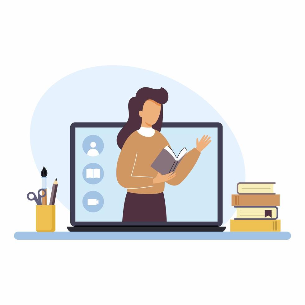 Woman in laptop is reading book. Online training. Tutor for children. vector