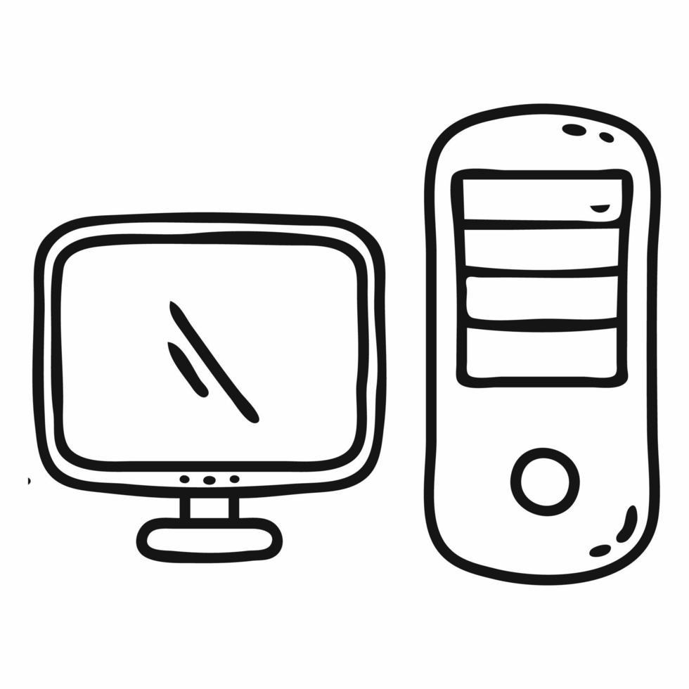 Personal computer. System unit and monitor. Vector doodle icon.