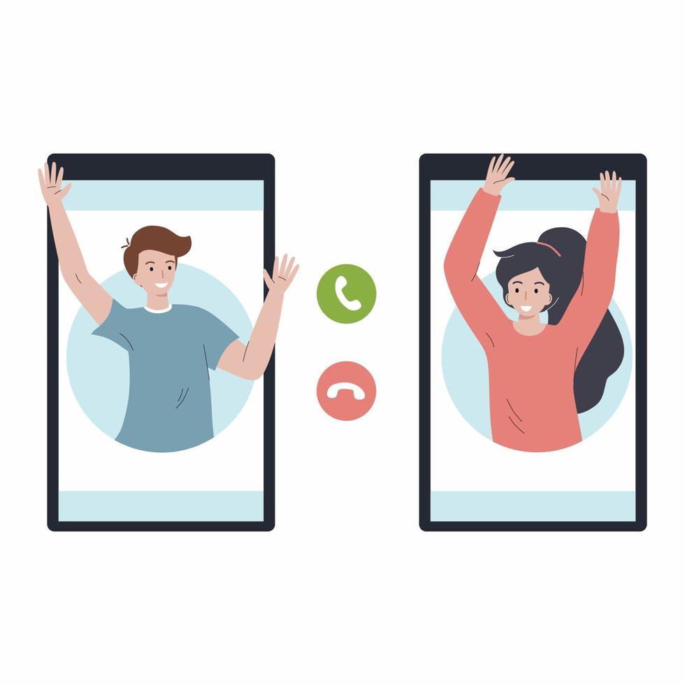 Happy man and woman talking via video link. People in smartphone. Online meeting. vector