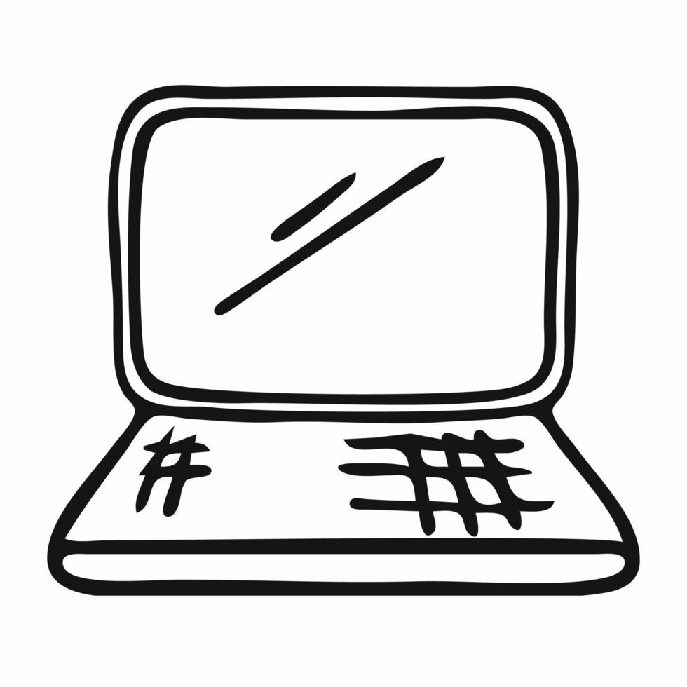 Doodle laptop. Computer drawing by hand. Vector pc icon.