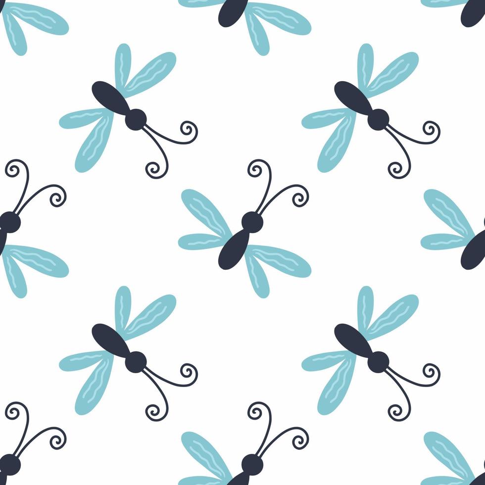 Cute dragonfly on white background. Seamless pattern with insects. Background for sewing children clothes. Packing paper. Wallpaper for nursery. vector