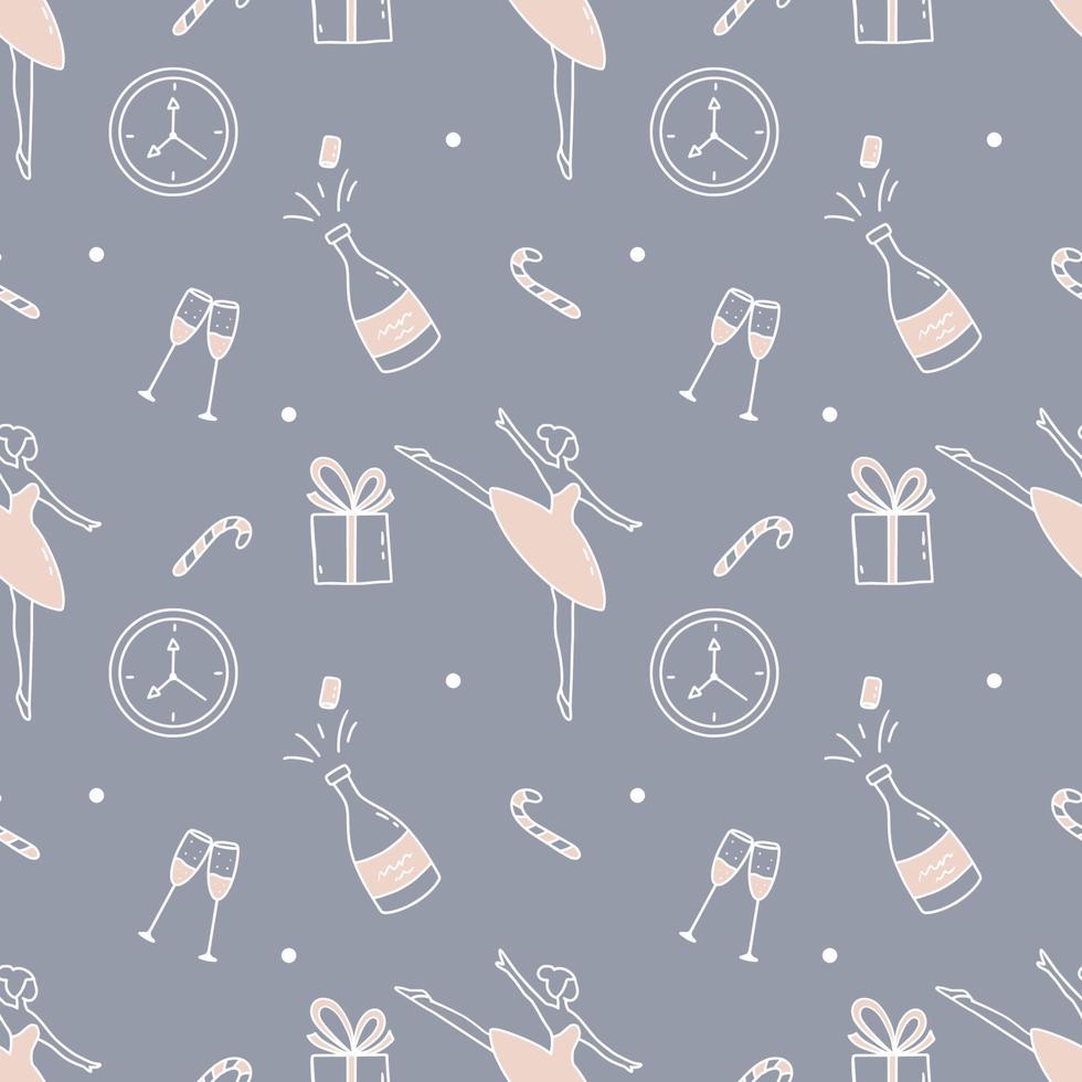 Seamless pattern for New Year and Christmas. Ballerina bottle champagne and watch. vector