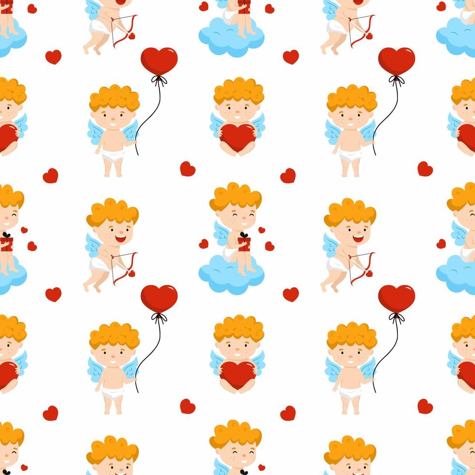 Seamless background with cute cherub and heart. Wallpapers for Valentine  Day. Background for sewing clothes and printing on wrapping paper. vector