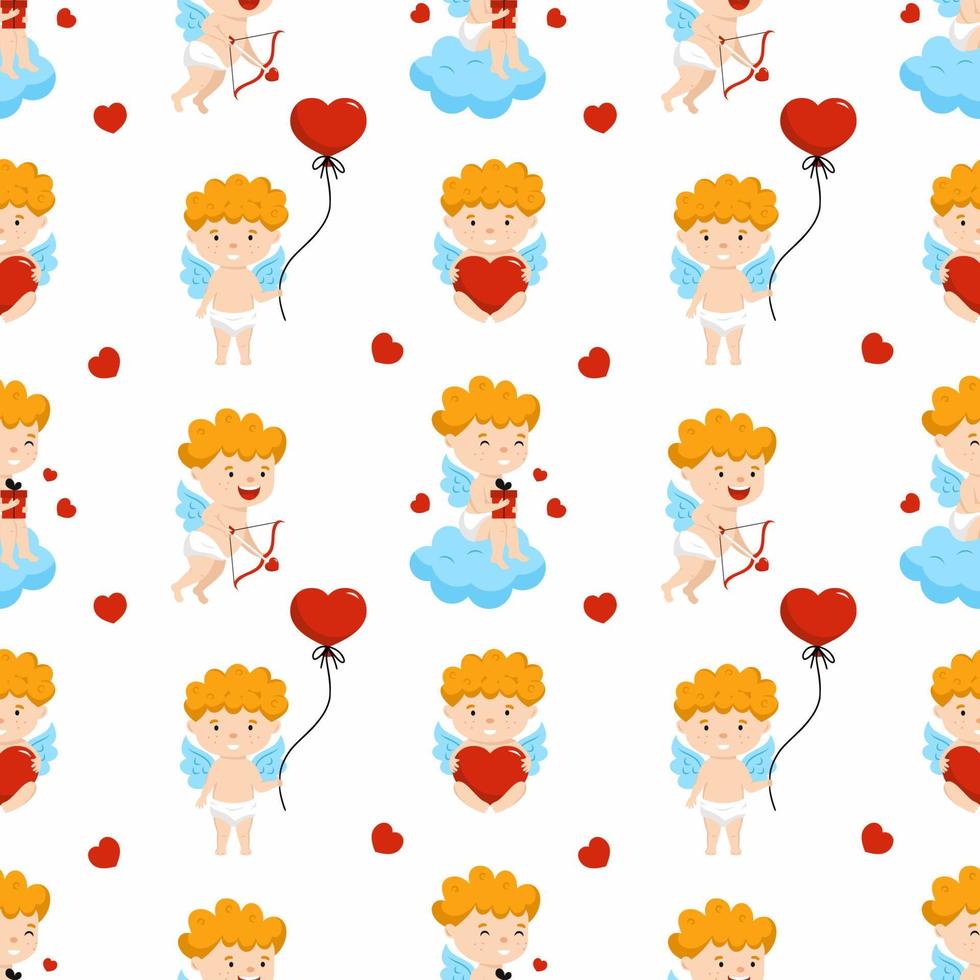 Seamless background with cute cherub and heart. Wallpapers for Valentine  Day. Background for sewing clothes and printing on wrapping paper. vector