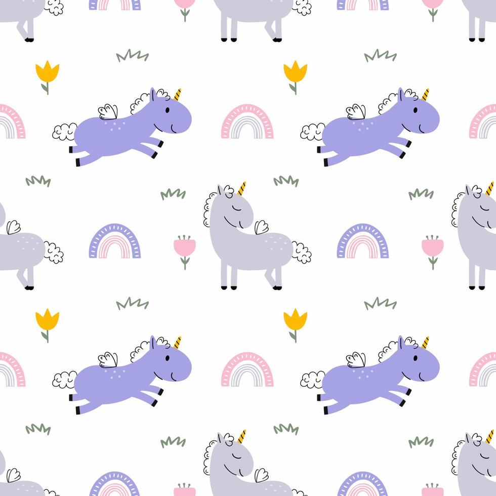 Seamless doodle pattern. Cute unicorn and rainbow. Pony walks through  field with flowers. Background for printing on fabric and wrapping paper. vector