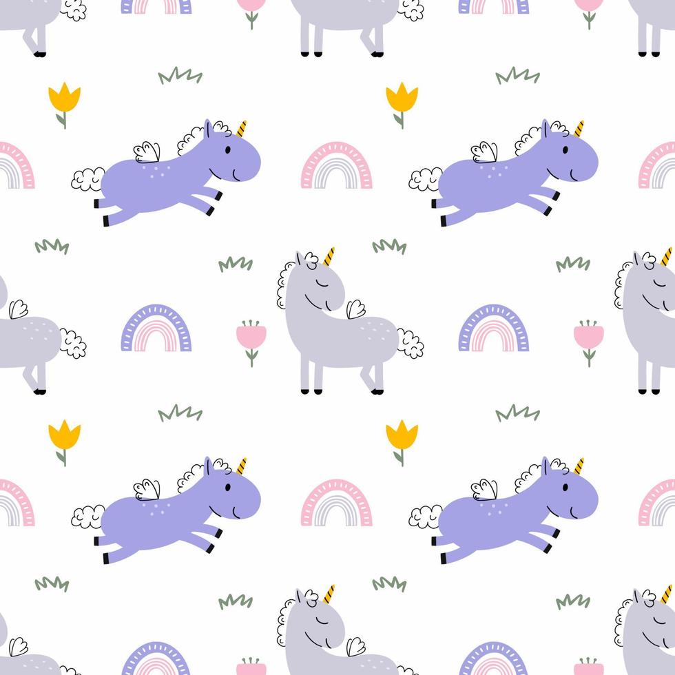 Seamless doodle pattern. Cute unicorn and rainbow. Pony walks through  field with flowers. Background for printing on fabric and wrapping paper. vector