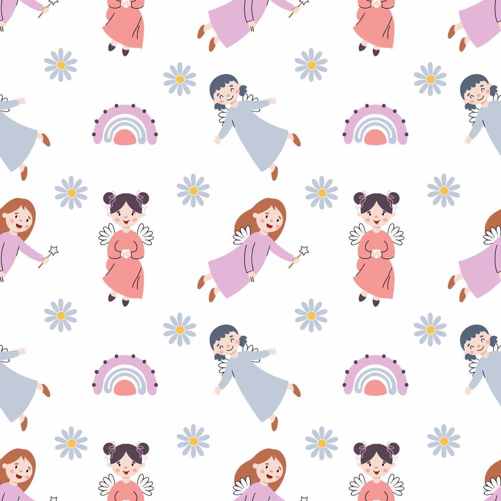 Seamless pattern with fairy. Endless wallpaper in nursery. Vector illustration with girl. Cute princess and rainbow.