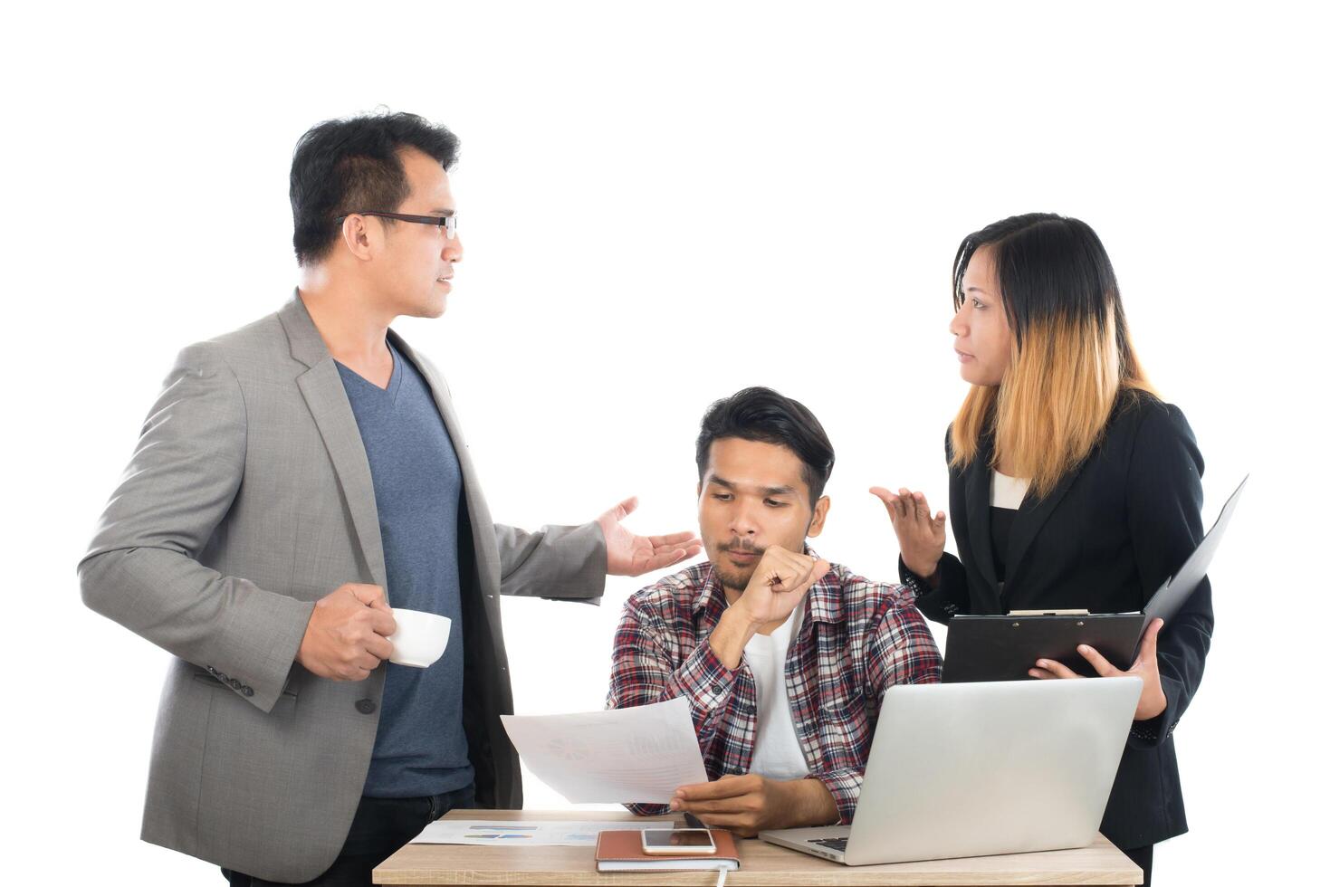Portrait of business partners discussing documents and ideas at meeting in office isolated on white background. photo