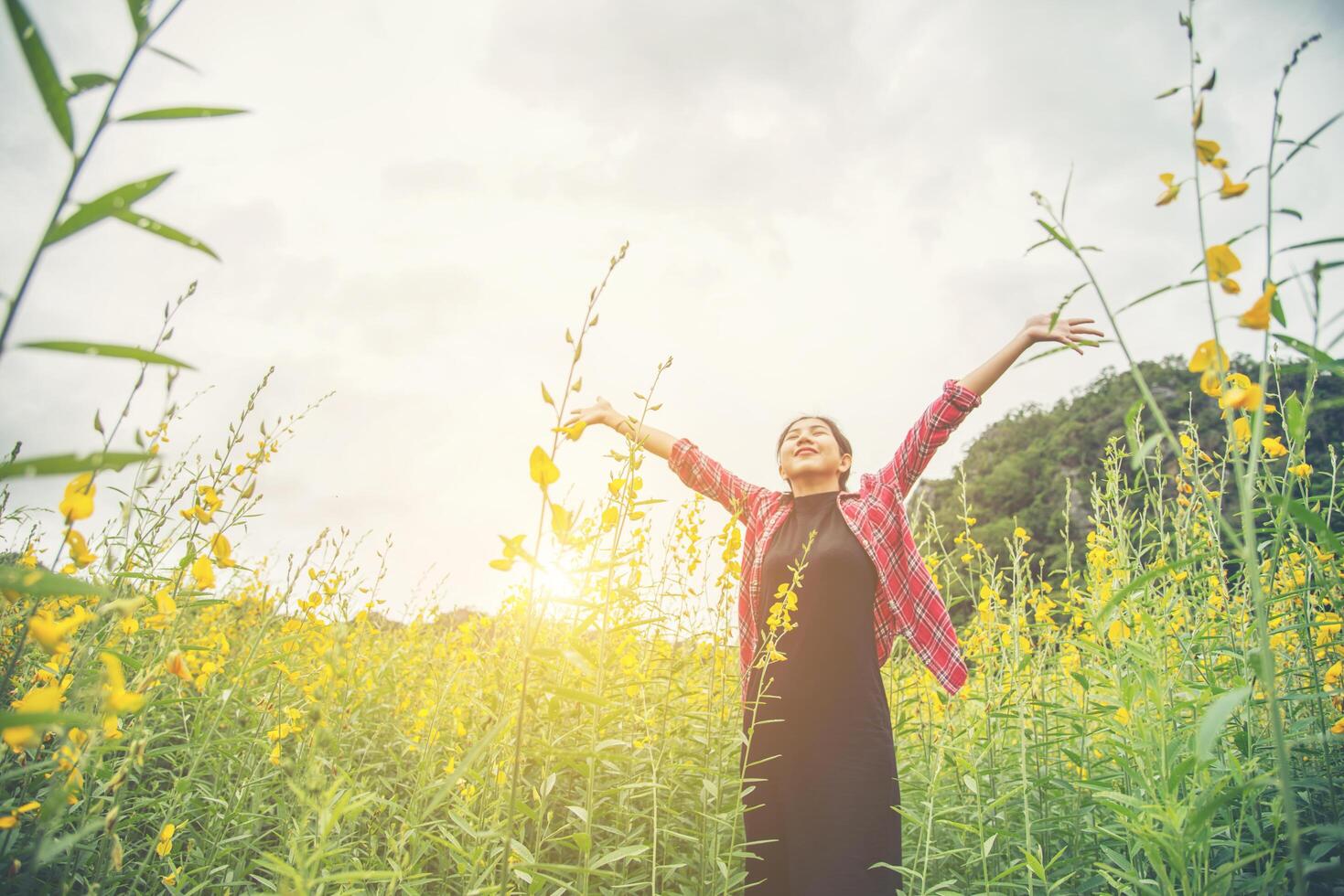 Young beautiful woman standing in the flower field enjoyment. photo