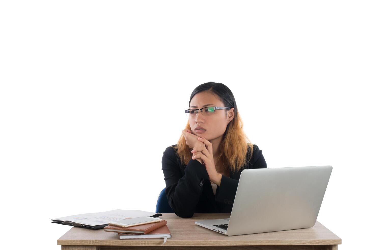 Business woman working on computer isolated on white background. photo