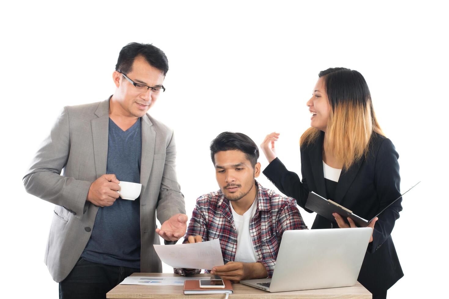 Portrait of business partners discussing documents and ideas at meeting in office isolated on white background. photo