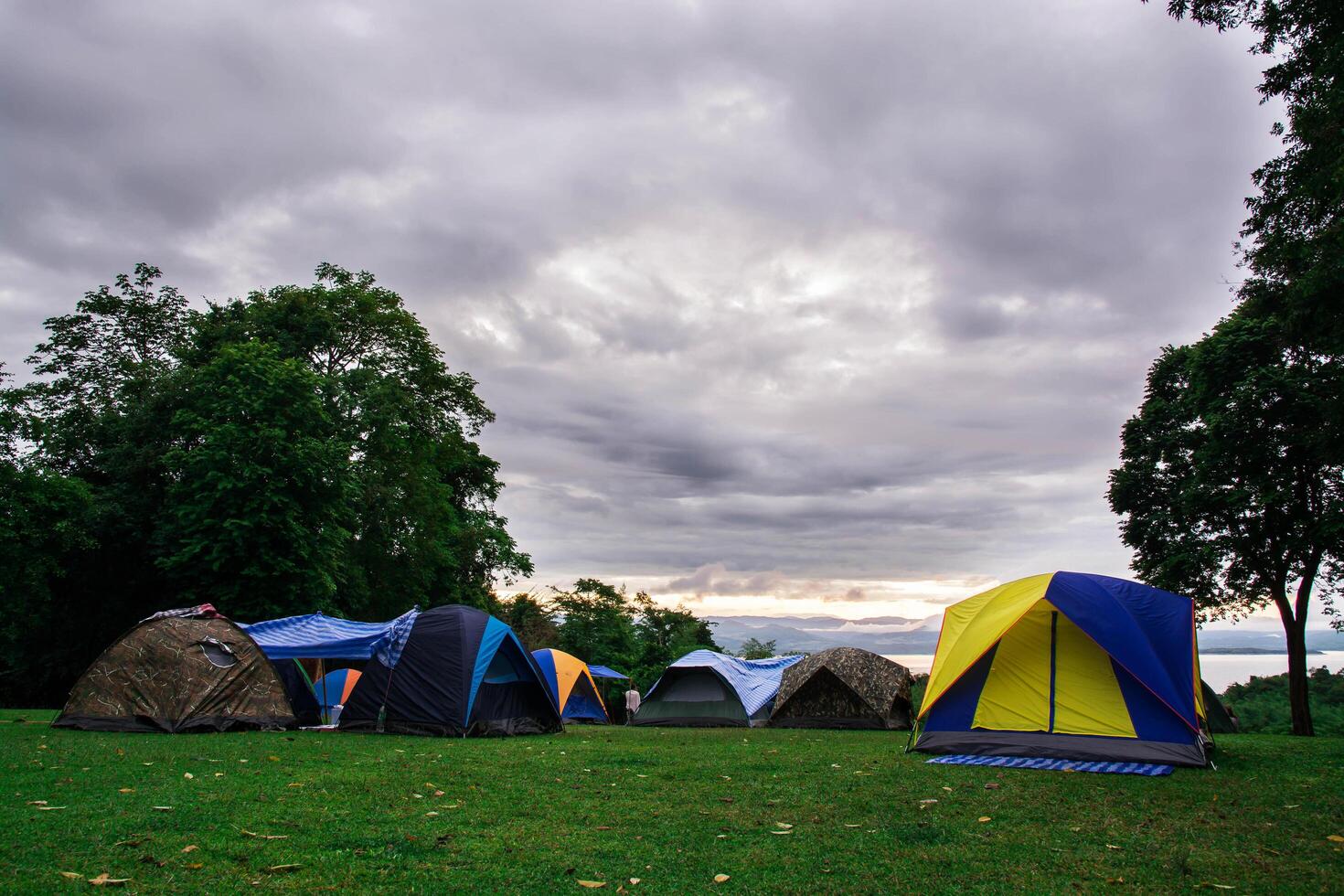 Tent Tourist camp in a mountains, moning view photo