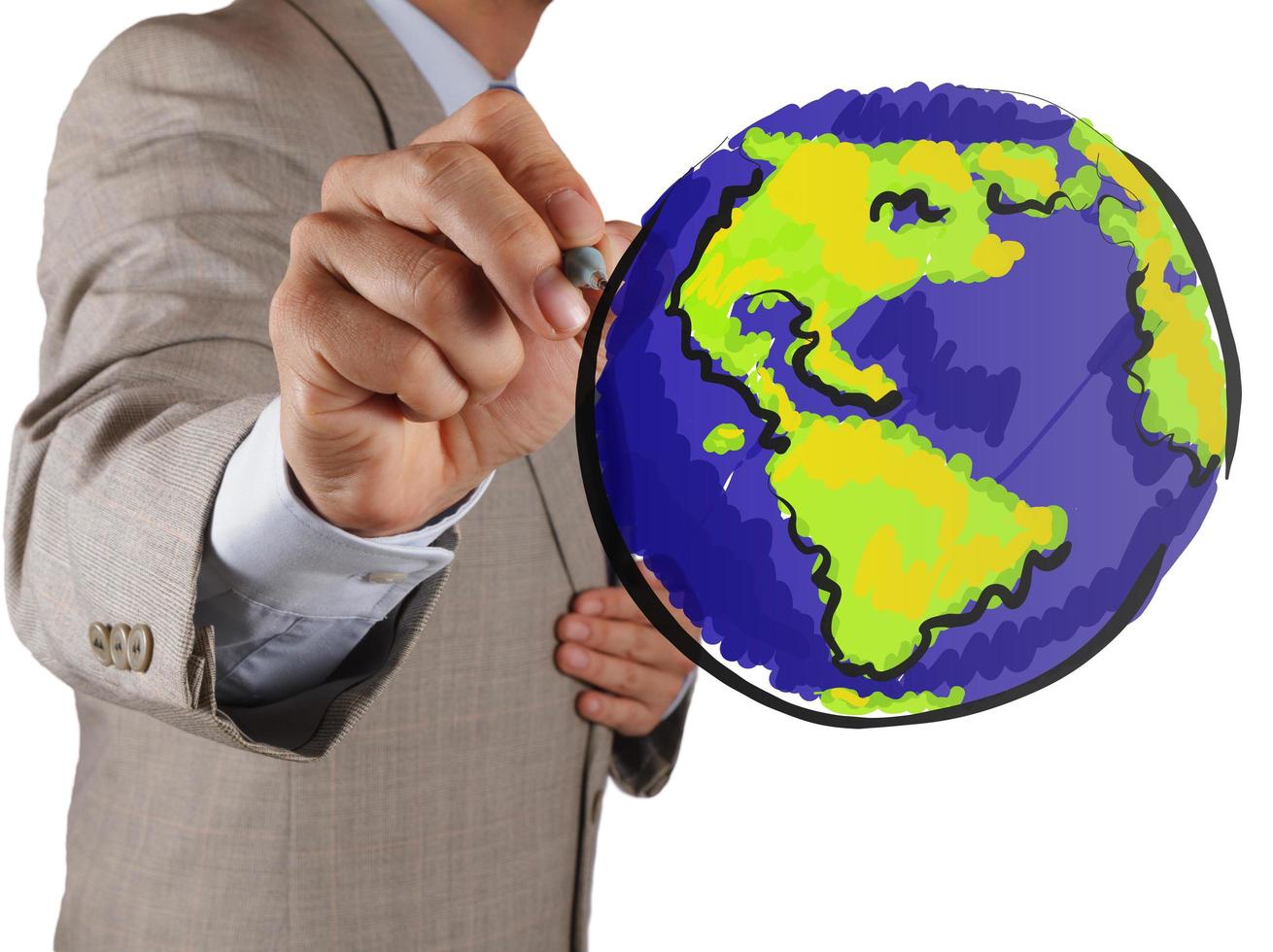 businessman hand drawing abstract globe photo