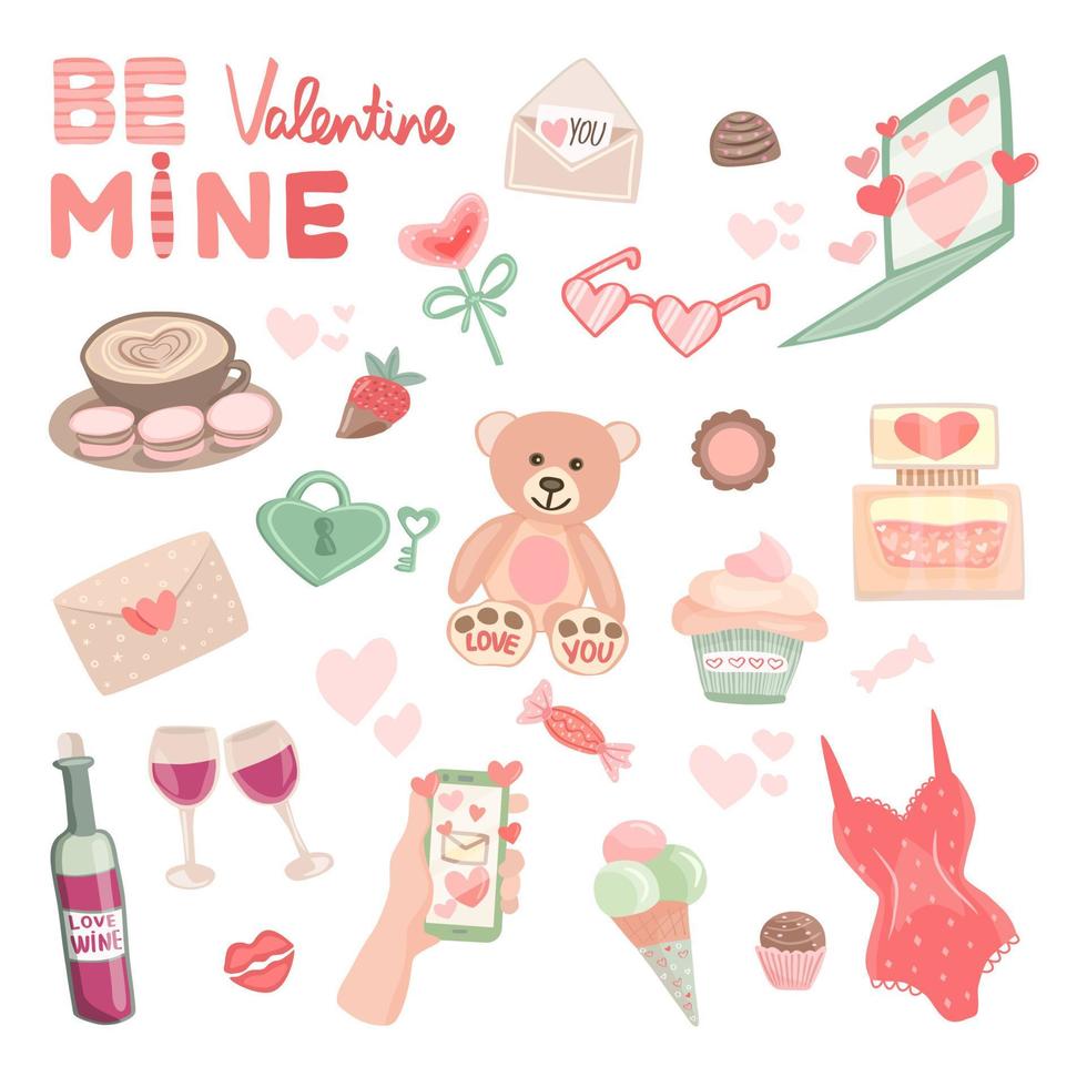 Vector set of cute clip arts for Valentines Day postcards, posters. Teddy bear, coffee, hearts, lollipop, sweets, love letters, bottle of wine and glasses, cupcake, lettering.