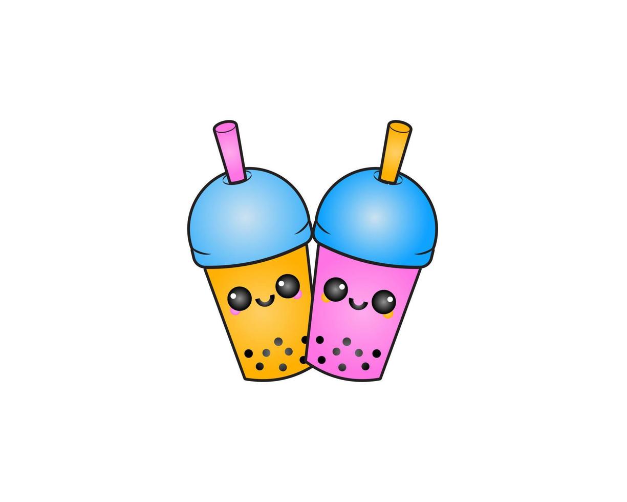 Boba Milk Tea Logo, Bubble Tea, Beverage Symbol with Cute Vector Kawaii Character of Boba Milk Tea