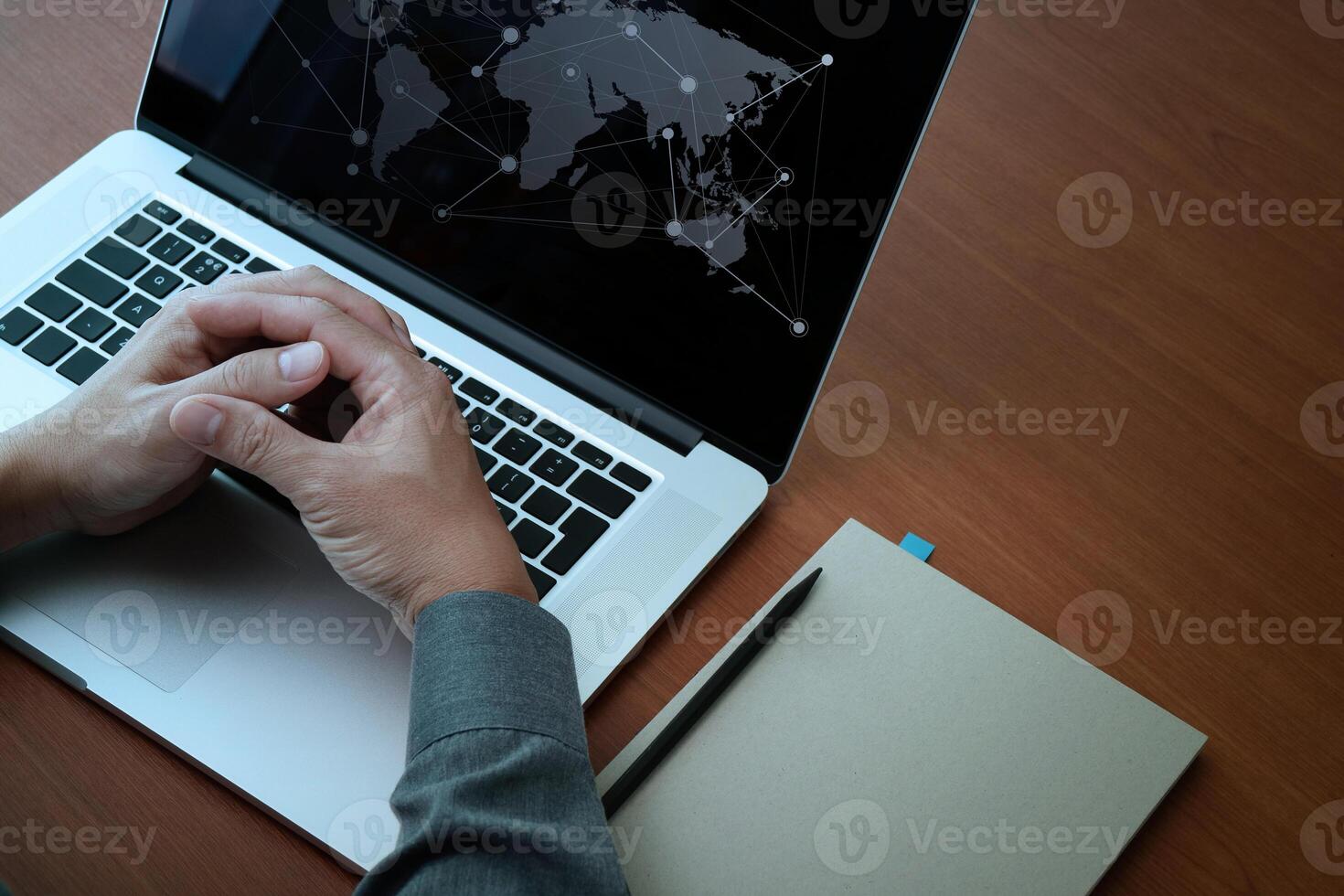 top view of Double exposure of businessman hand working with new modern computer and business strategy as concept photo