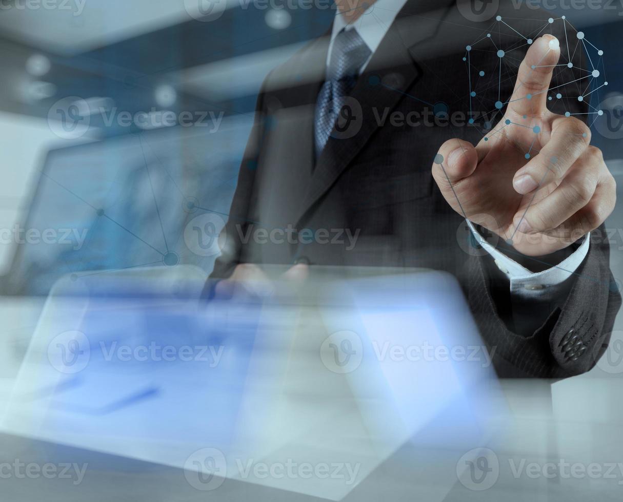 Double exposure of businessman working with new modern computer show social network structure and bokeh exposure photo