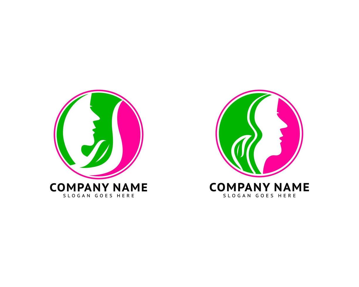 Set of Woman Face with Leaf Logo Design Vector