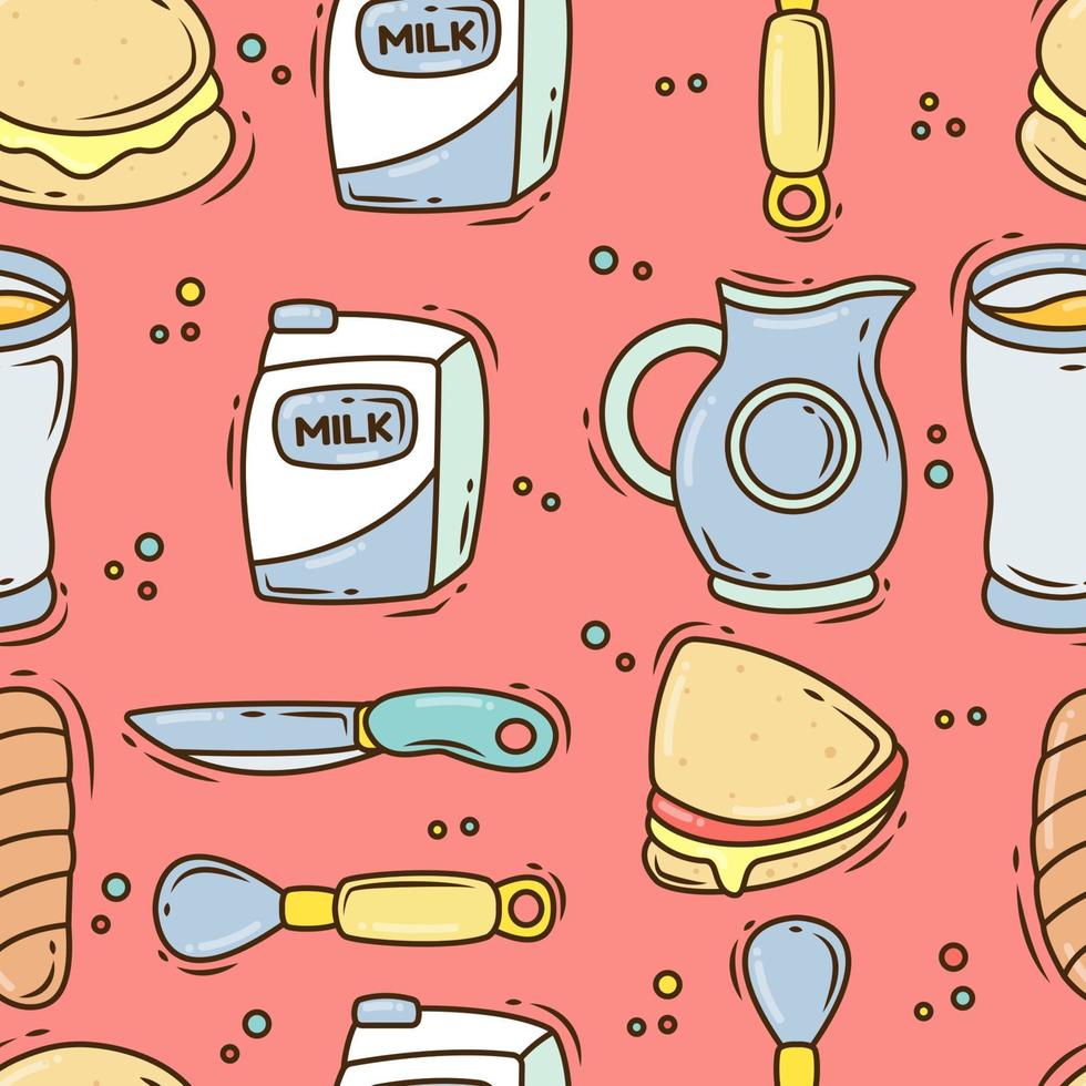 Set of hand drawn cartoon doodle breakfast elements seamless pattern vector