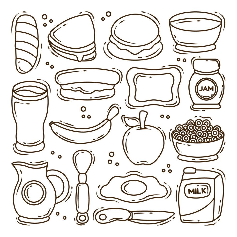 conjunto de dibujos animados de desayuno dibujados a mano colección de garabatos para colorear vector