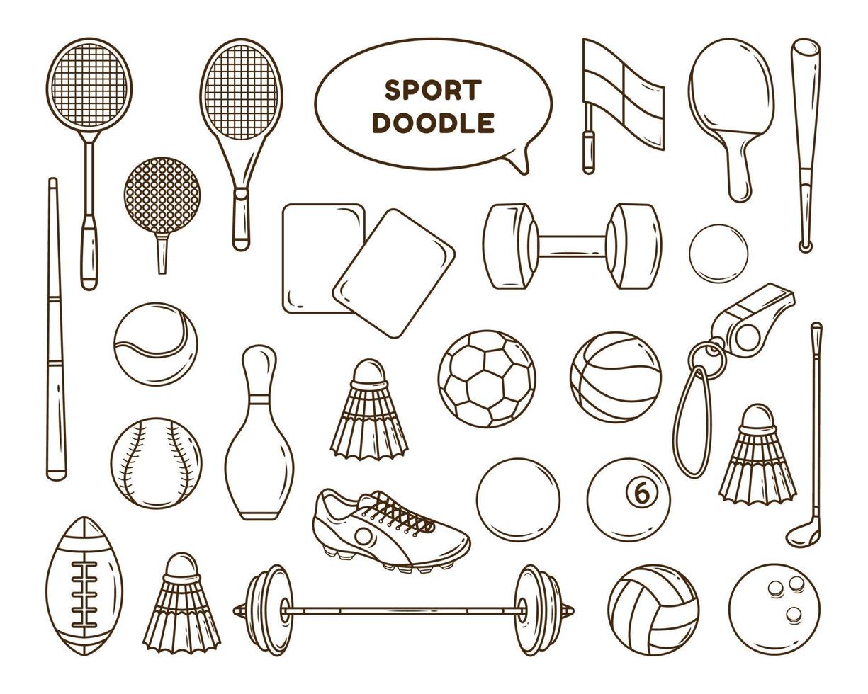 dibujos animados dibujados a mano herramientas deportivas doodle paquete diseño para colorear vector