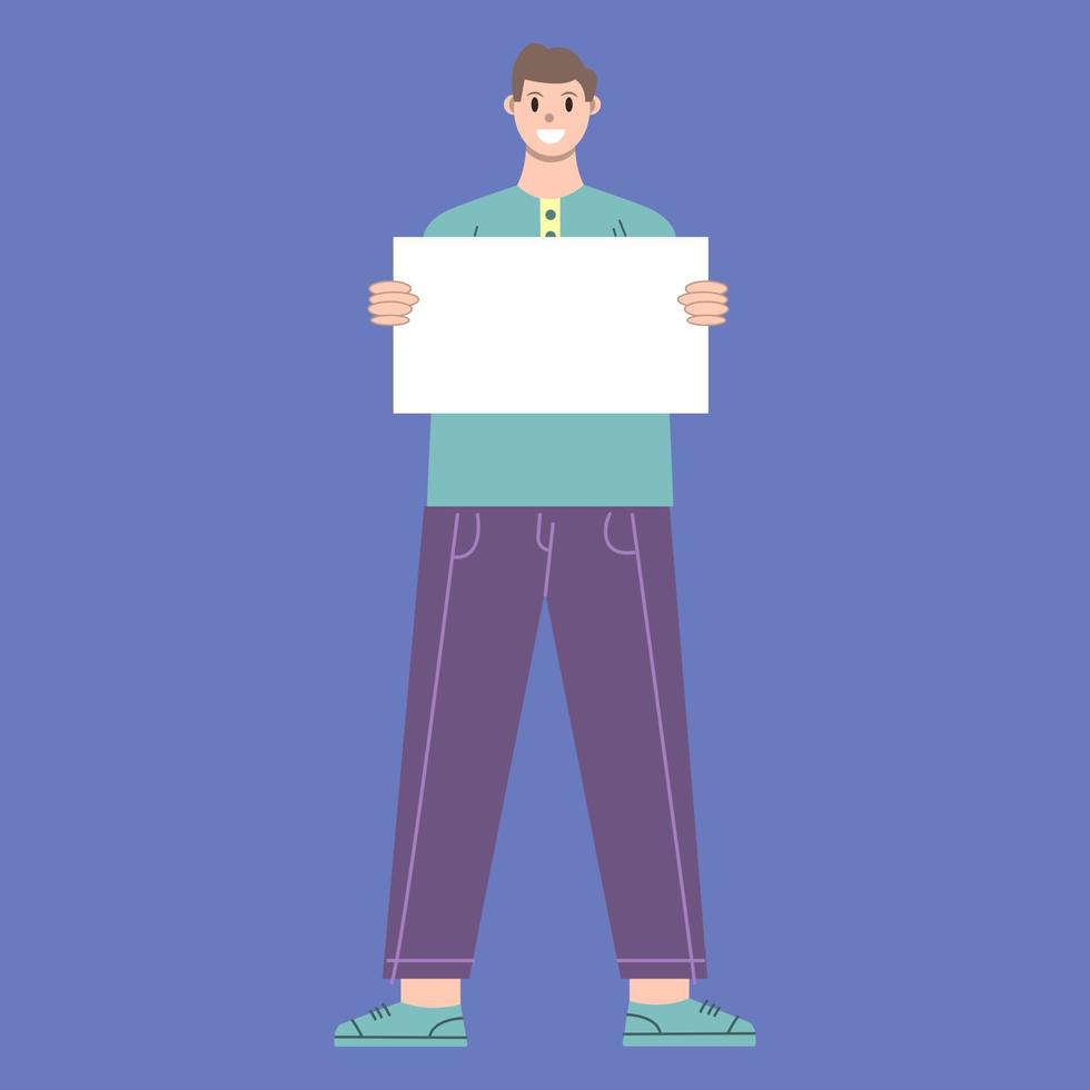 Illustration vector graphic of man cartoon character with paper holding pose in flat design. Business concept. Blue background. Perfect for business promotion, management,  marketing.