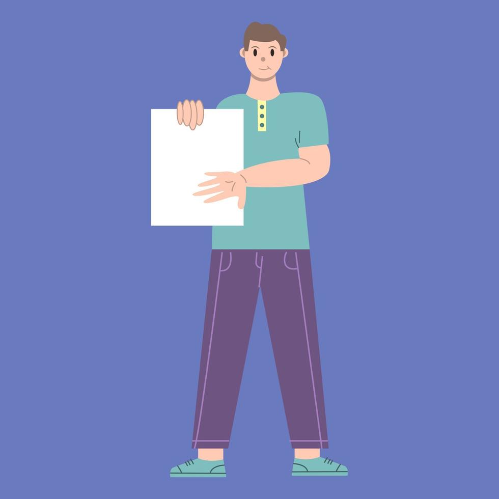 Illustration vector graphic of man cartoon character with paper holding pose in flat design. Business concept. Blue background. Perfect for business promotion, management,  marketing.