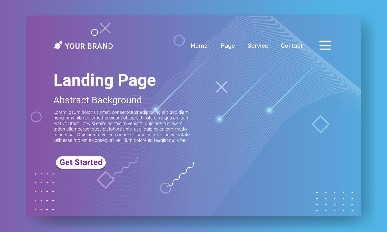 Modern Landing Page Website Template. purple gradient geometric background with dynamic shapes, wave and shooting star element. Design for website and mobile website development. vector