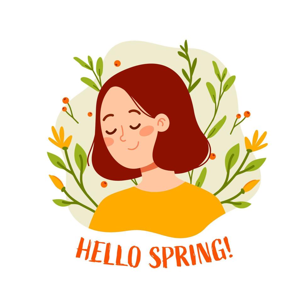 Hola primavera. ilustración vectorial de mujer con flores vector