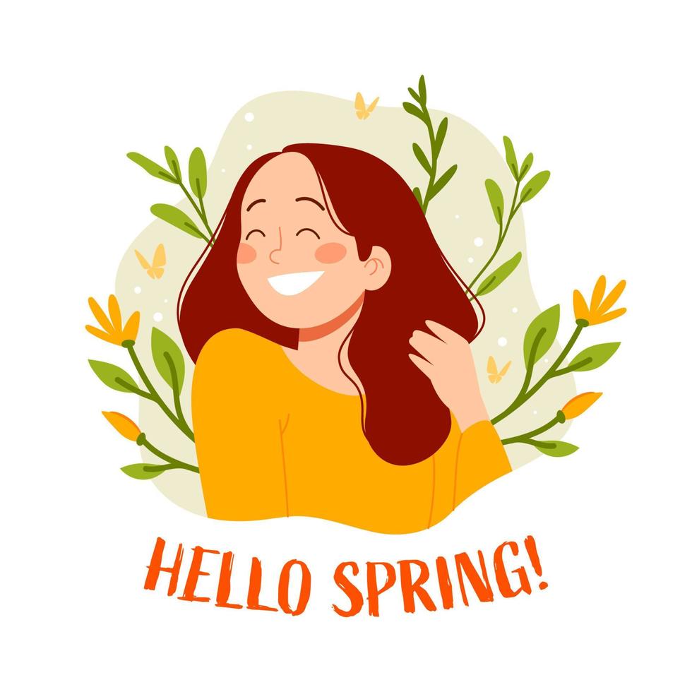Hola primavera. ilustración vectorial de mujer con flores vector