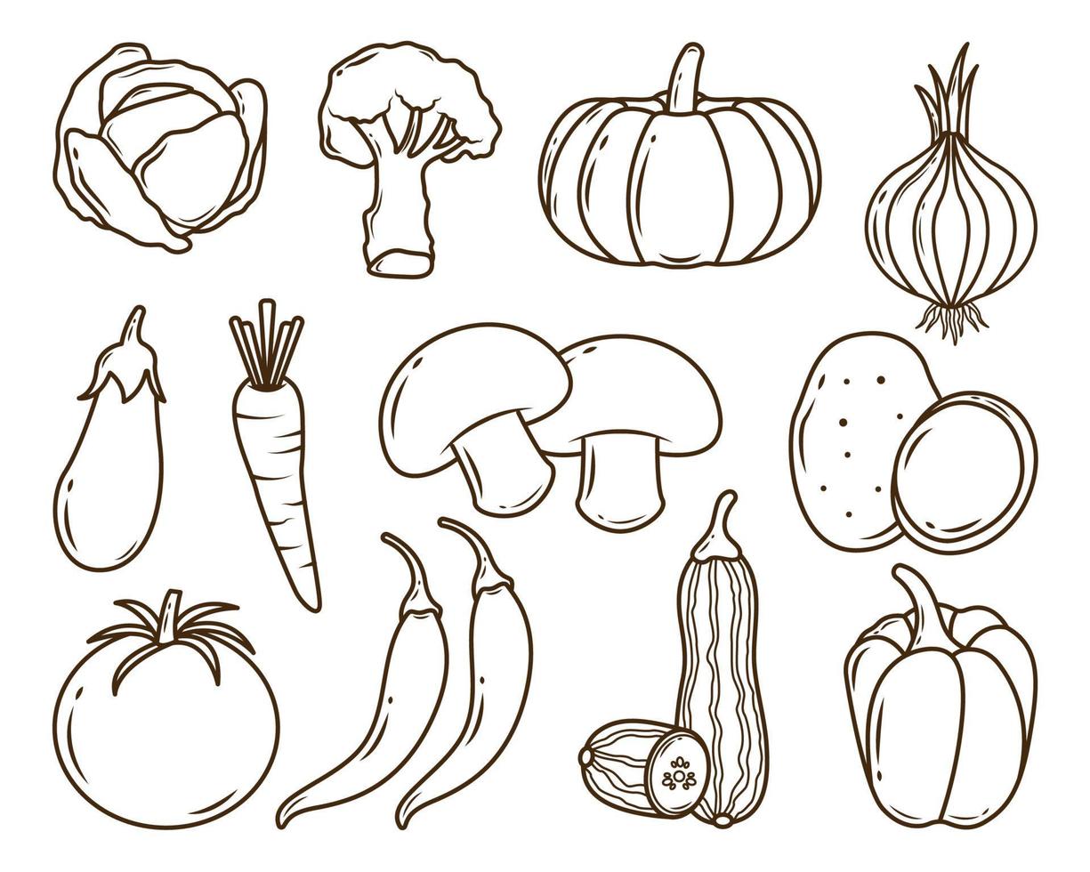 conjunto de dibujos animados de vegetales dibujados a mano para colorear vector